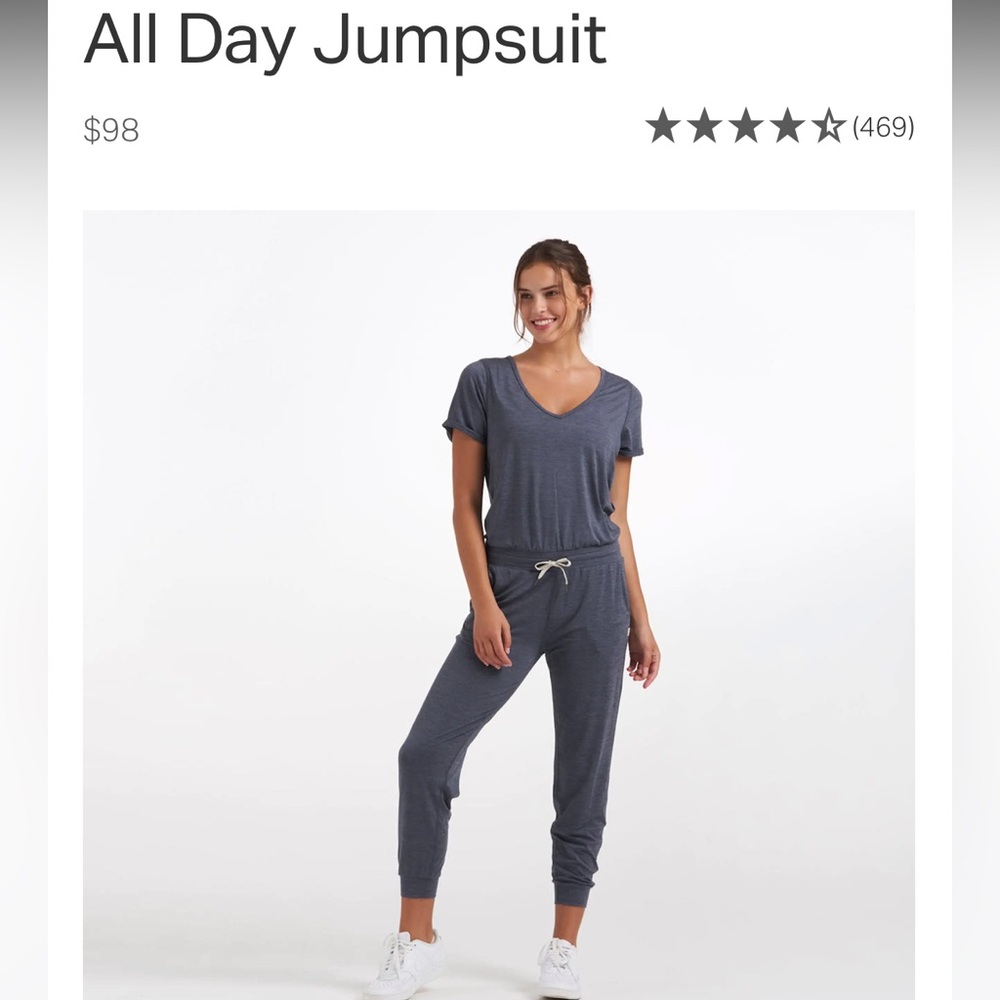 Vuori All Day jumpsuit in azure Heather. Size large